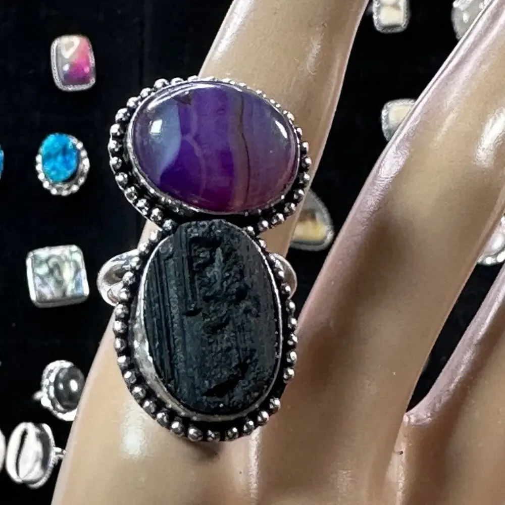 💕 Amethyst and raw‎ black  onyx two stone ring silver plated, handmade size 9